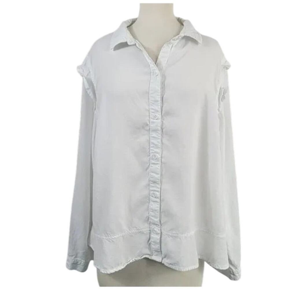Side Stitch Peplum Ruffle Button Long Sleeve Top White Large